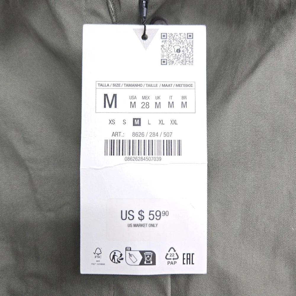 Zara Gabardine Shirt Dress Green Utility Long‎ Sleeves